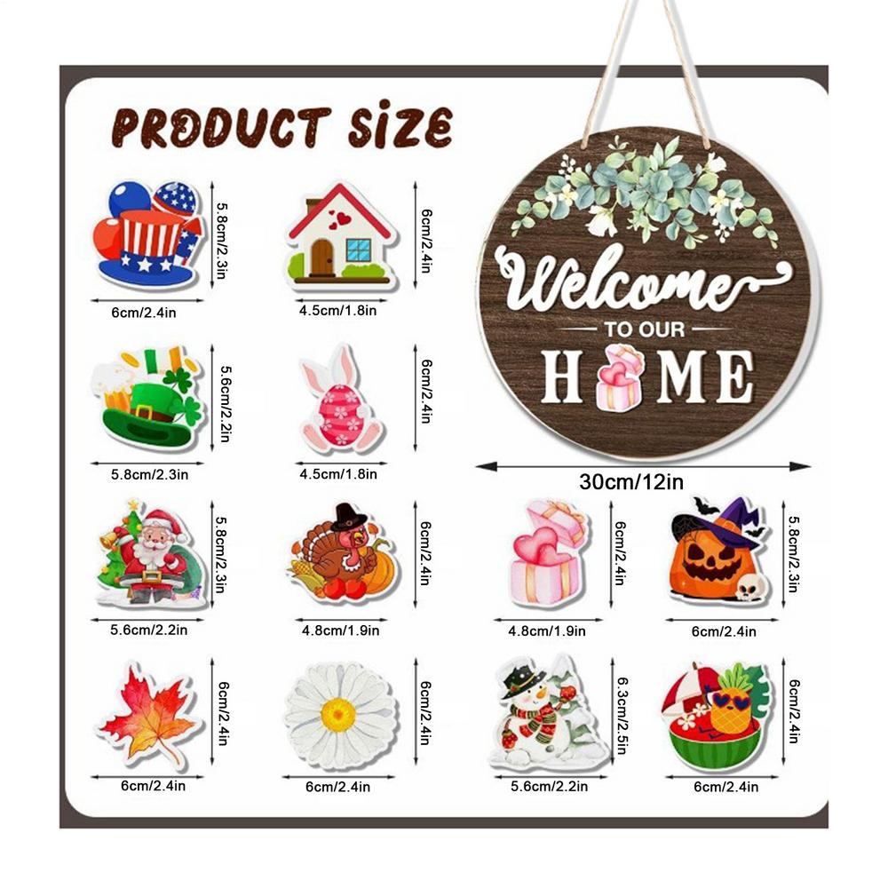Interchangeable Welcome Sign Door Decoration Pendant 12 Inch Round Wooden Welcome Sign Flower Wreath For Front Porch