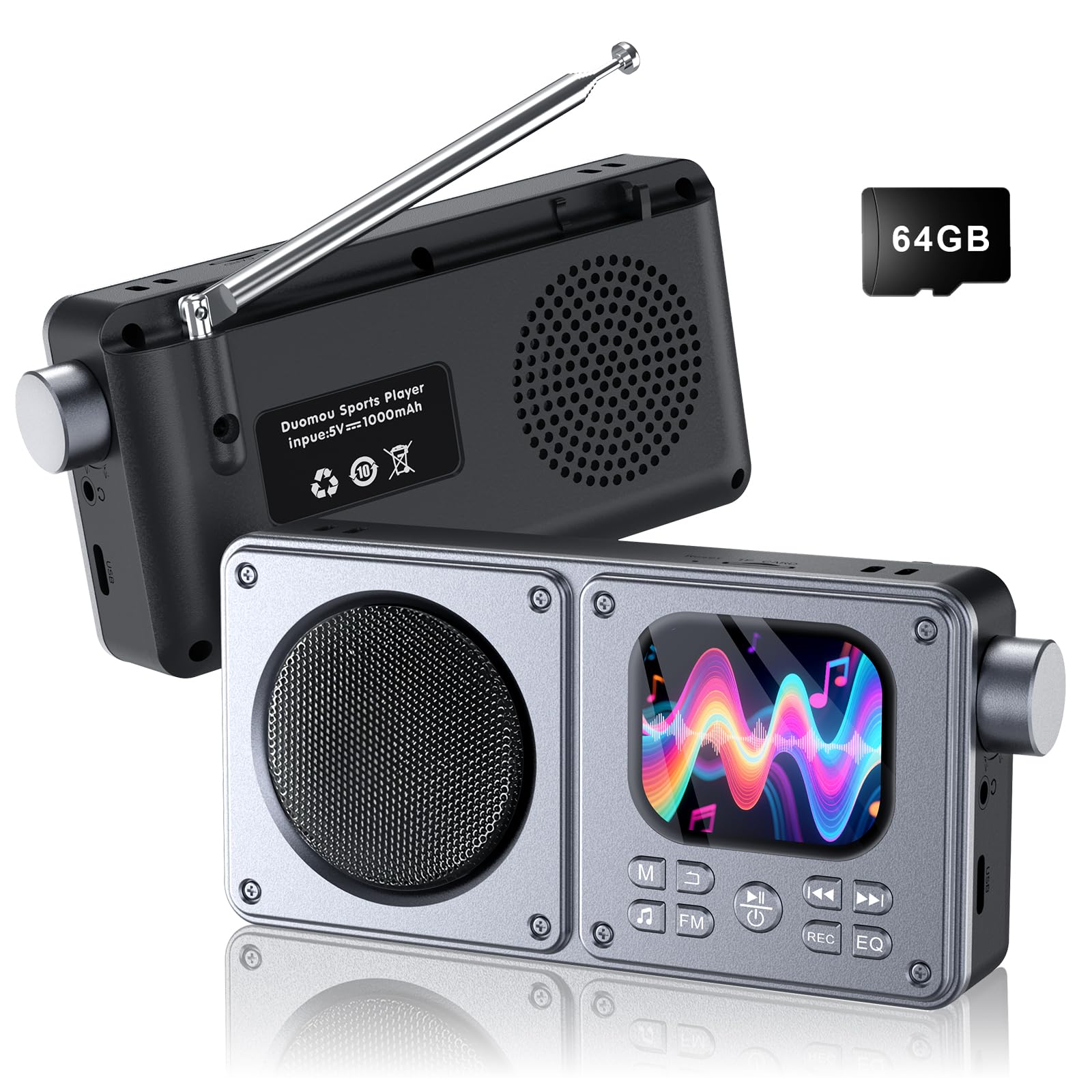 

Portable MP3 Player, 64GB (Expandable up to 128GB), Bluetooth 5.4, FM Radio, Speaker, Large 2-inch Screen, Retractable Antenna, AUX Support, SD Card