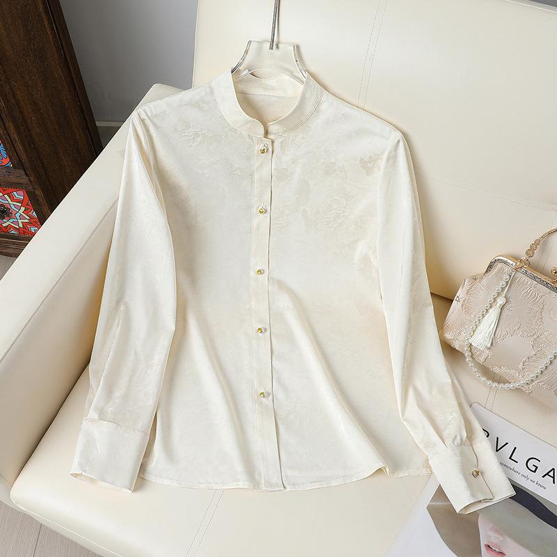 

Women s Jacquard High Collar Satin Shirt, Chinese Style Long Sleeve Temperament Top for Spring. XL [120-135 lbs] слонова кістка
