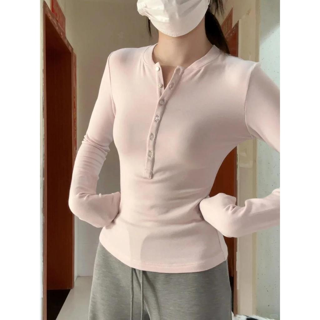 Women's Slim Fit Faux Cashmere Henley Top - Autumn/Winter Long Sleeve