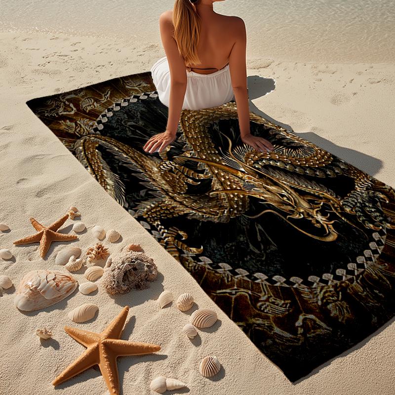 Golden Dragon Circle Beach Towel, Super Soft Microfiber, Gift for Her/Him, Birthday, for Pool, Beach, Travel, Home Decor Fan gifts