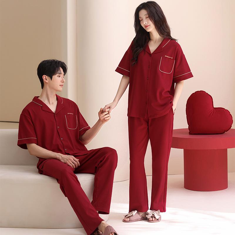 Red Wedding Couple Pajamas: Antibacterial Lycra Cotton Short Sleeve Set for Women & Men's Home Wear, Year of the Rat Theme