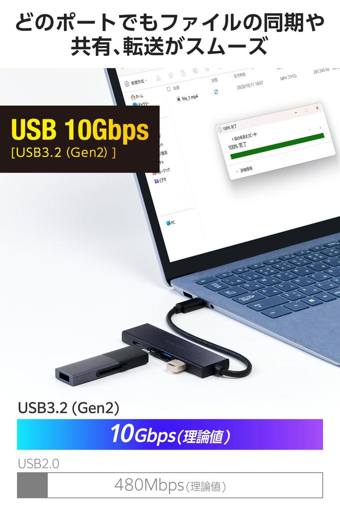 ELECOM USB Hub, USB-C 10Gbps, 2 USB-A, 2 Type-C, USB PD 100W, Bus Powered, 4 Ports, Black, U3HC-H042PBK