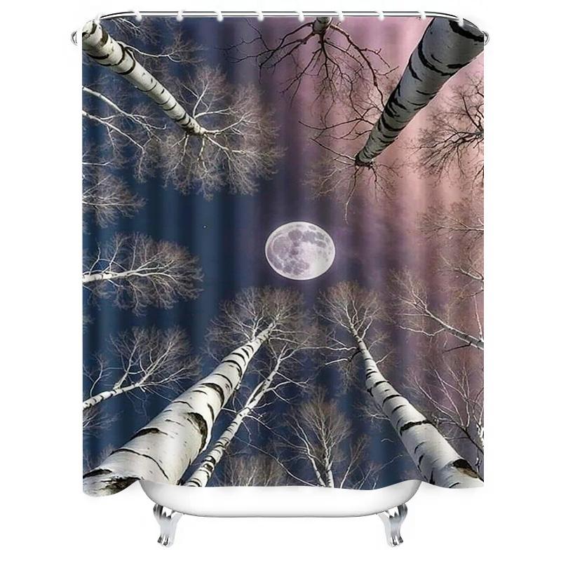 Moonlit Birch Trees Waterproof Shower Curtain Heat Resistant Machine Washable Non-Transparent 180x180cm