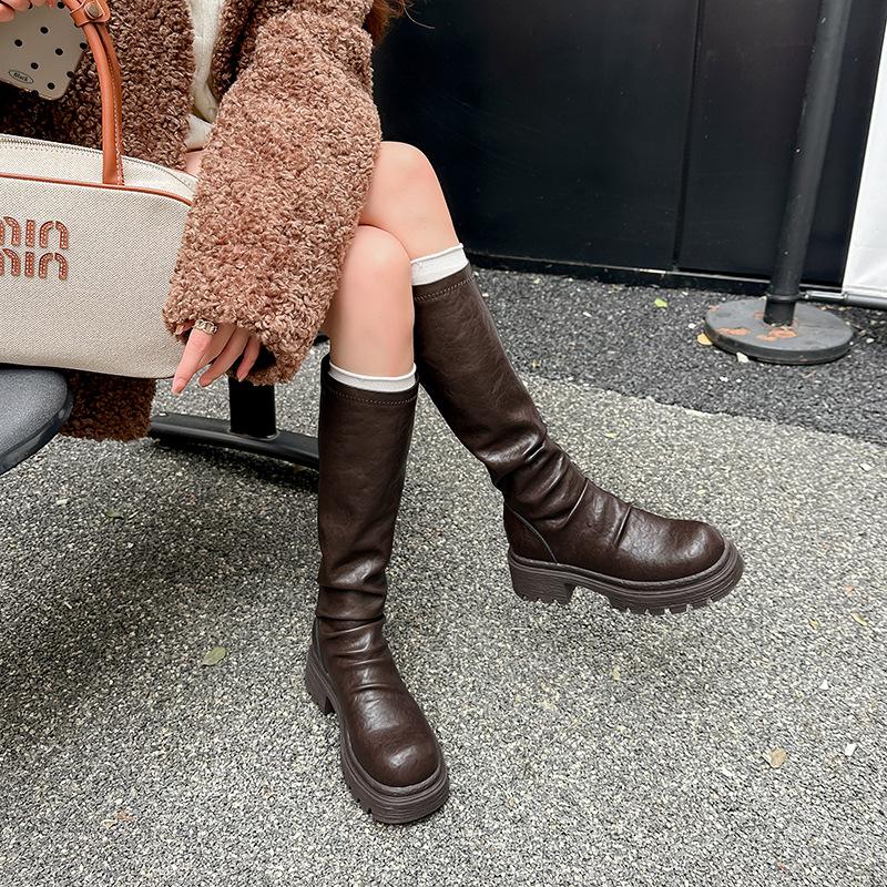 ~ Autumn and winter new thick-soled thick-heeled pleated medium and high elastic stacking boots women's knee boots