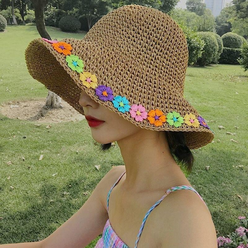 Feminine Flower Straw Fisherman Hat Summer Sun Protection Wide Brim Breathable for Beach Vacation