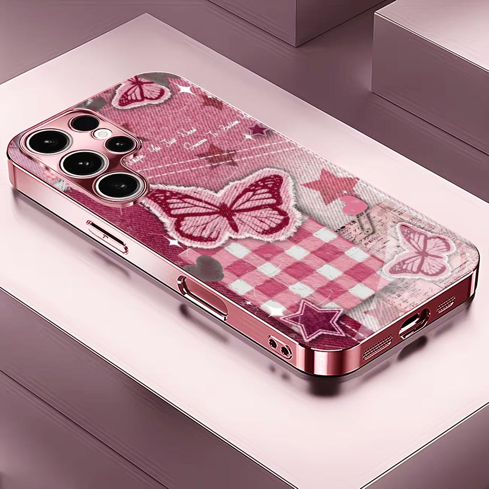 Star and Butterfly Pattern Madam Pink Glass PhoneCase for Samsung Galaxy S26 S25 S24 S23 S22 S21 FE Ultra Plus Dropresistant