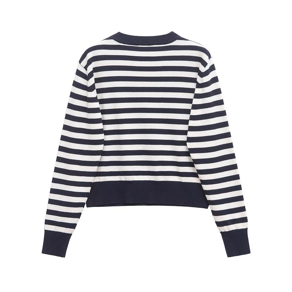 Spring 2025 Women's Striped Color Block Knit Pullover with Round Neck & Long Sleeves
