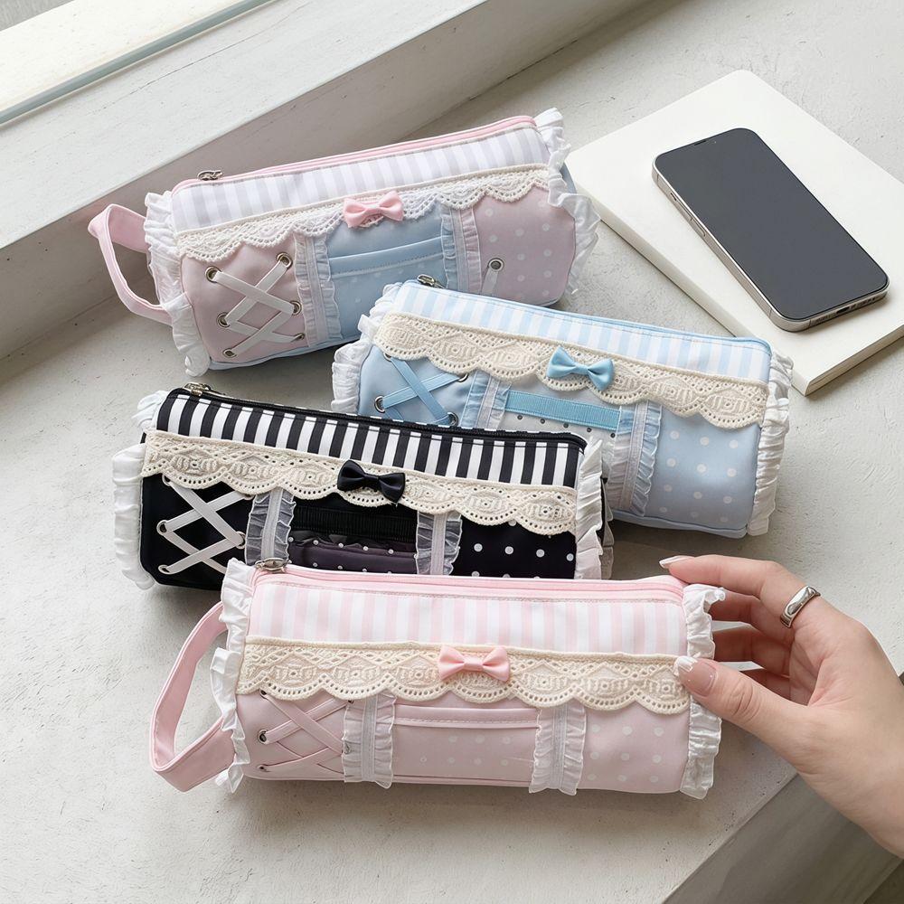 Large Capacity Lace Pencil Case Bow Makeup Bag Polka Dot Pencil Storage Bag Award Gifts