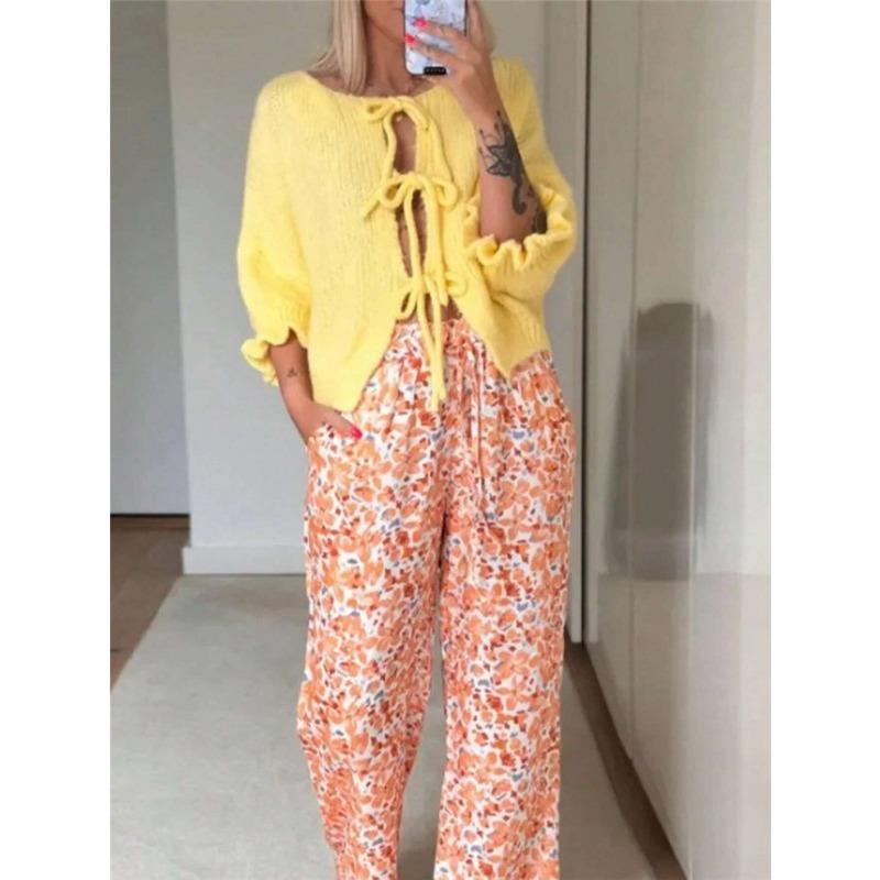 Casual Knit Cardigan Crew Neck 9 10 Sleeve Drawstring Tie