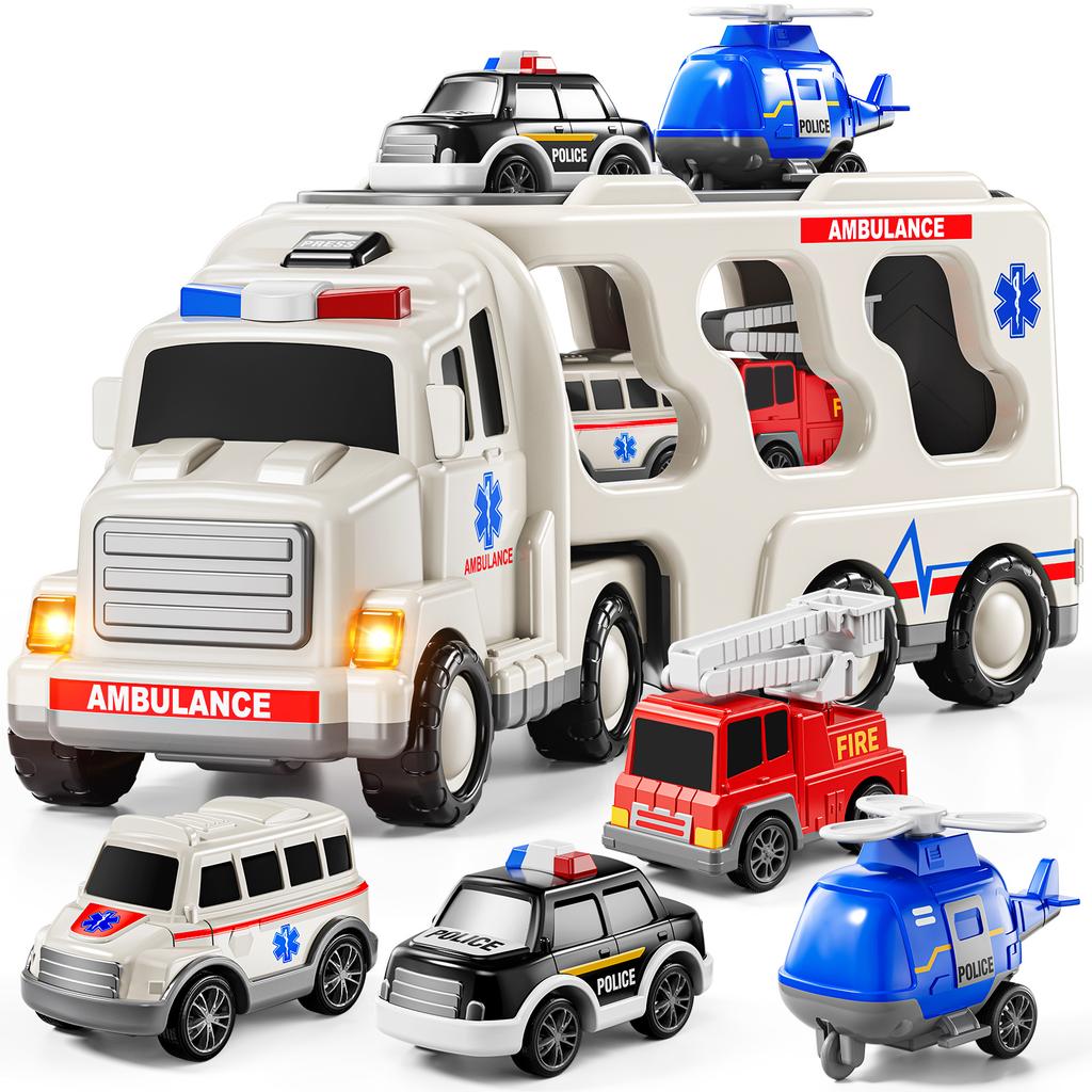Ambulance 5 In 1 Truck Toys For 3 4 5 6 Years Old Boys Toddlers Kids Carrier Fire Trucks Cars For Boy Toys Birthday Gift Trucks