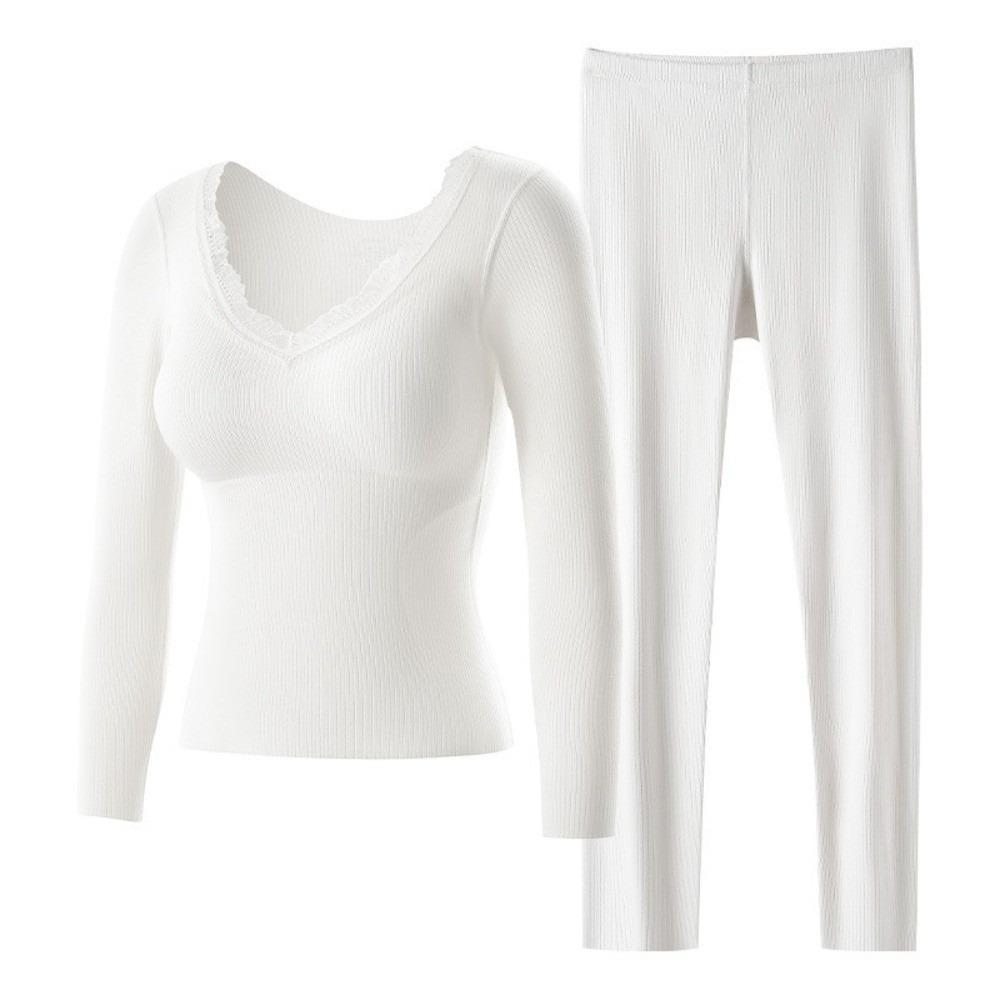 

with Chest Pad Women Thermal Underwear Lace Solid Color Warm Long Tops Pants Set Body-Shaping Soft Slimming Underwear Underwear 2XL белый
