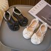 Children's Fashionable Black Leather Shoes with Pearl Chain Bow Cute Girl Mary Janes 2024 New Kids Versatile Wedding Party Shoes