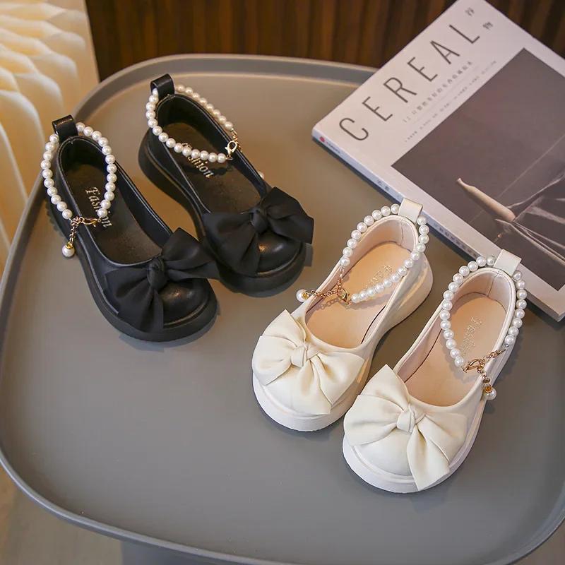 Children's Fashionable Black Leather Shoes with Pearl Chain Bow Cute Girl Mary Janes 2024 New Kids Versatile Wedding Party Shoes