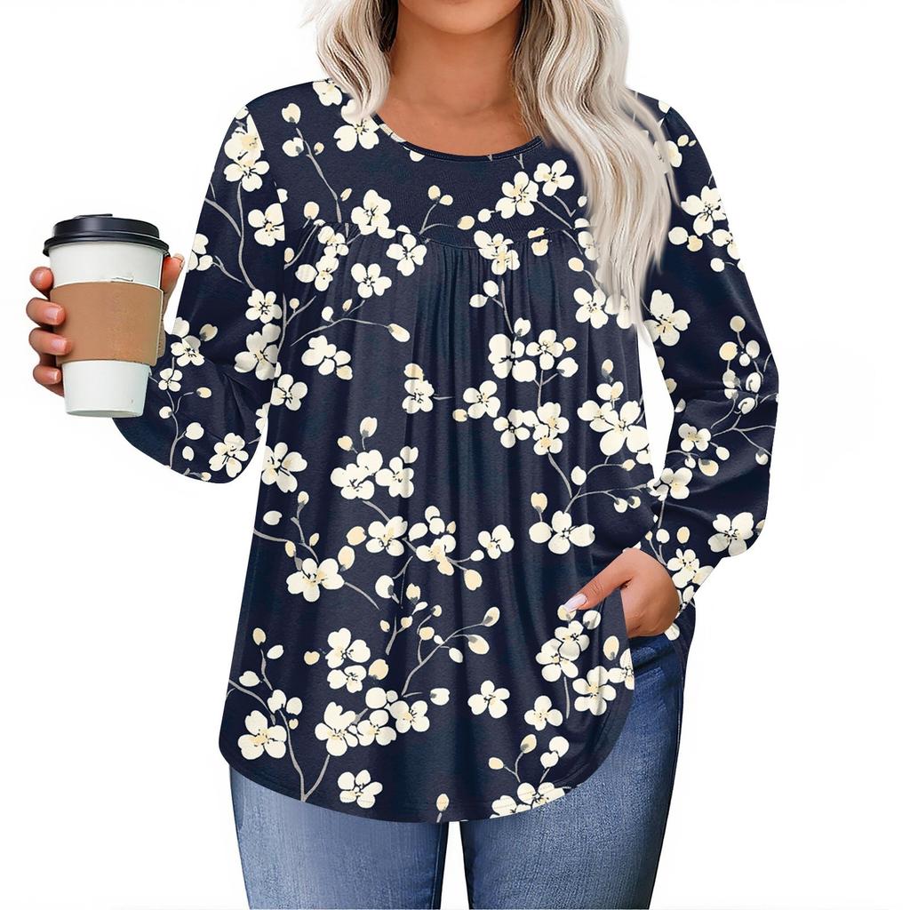 Womens Plus Size Tops Long Sleeve Shirts Round Neck Flowy Tunic Casual Loose Blouse L-5X