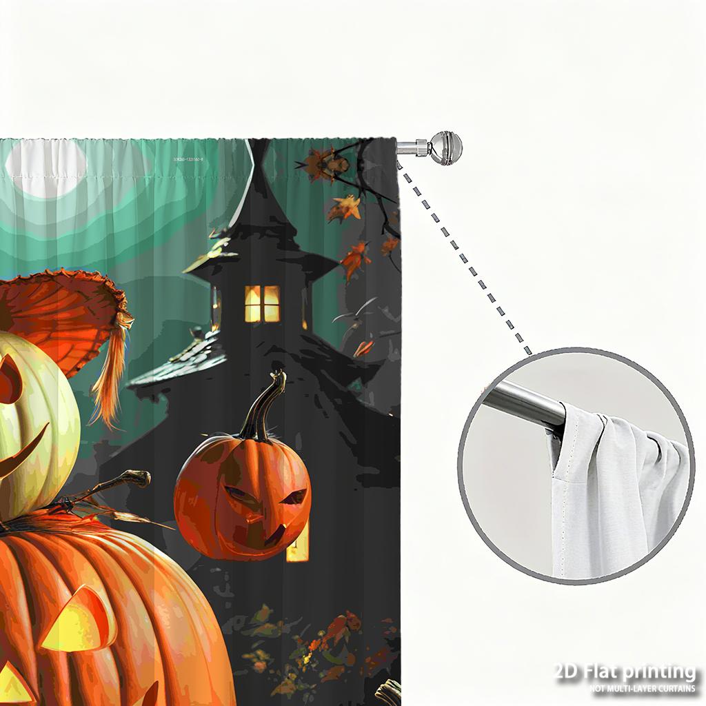 Piece Set High Definition Digital Printed Curtainshalloween Pumpkin Colorful Night Fallen Leaves Dark Backgroundhome Decora Curtain Polyester