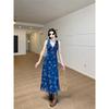 Vintage French deep v-neck vest dress women's summer printed sleeveless skirt waist thin suspender a-word long dress