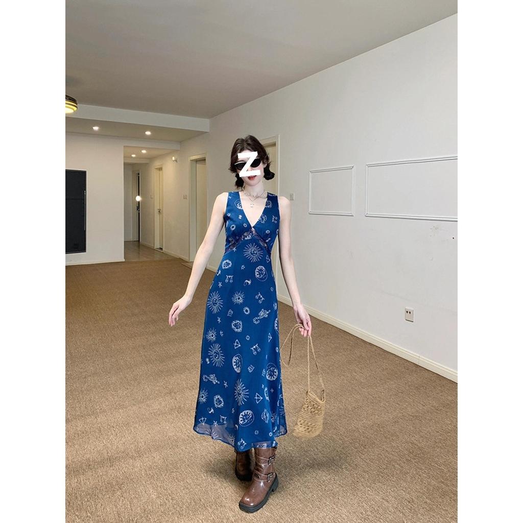 Vintage French deep v-neck vest dress women's summer printed sleeveless skirt waist thin suspender a-word long dress