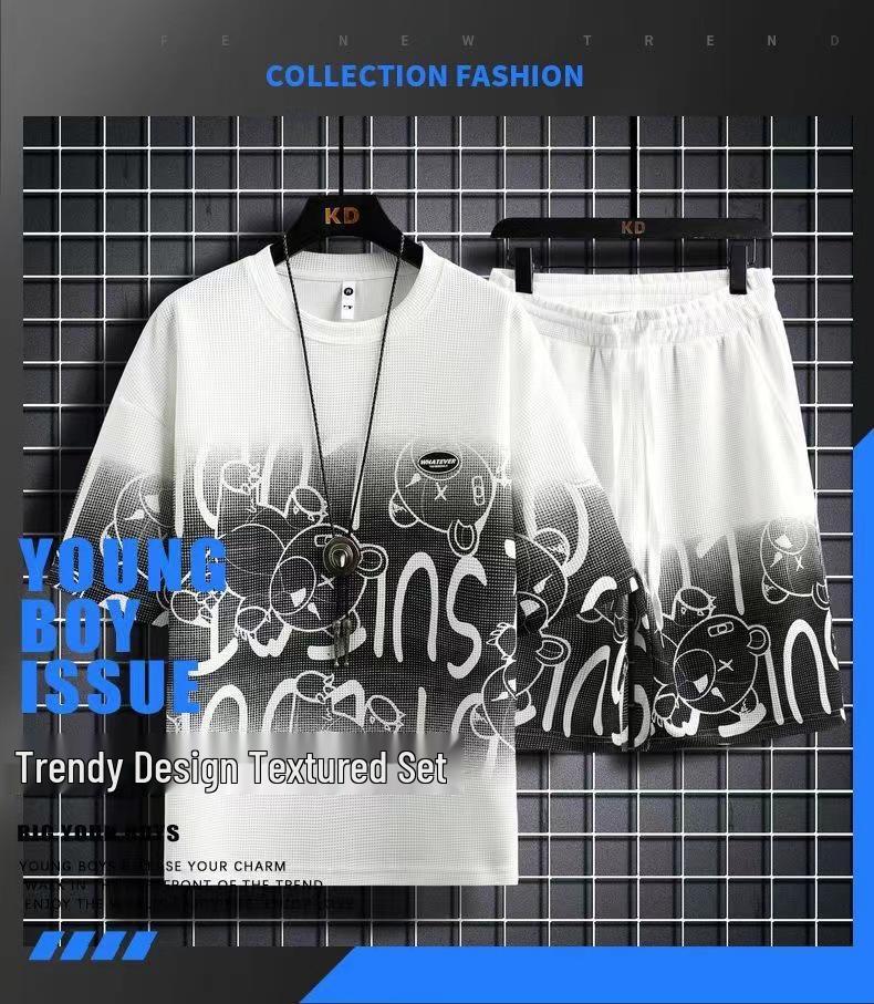 Men's Summer Waffle Ice Silk Two-Piece Casual Suit - Short-Sleeve T-Shirt & Shorts