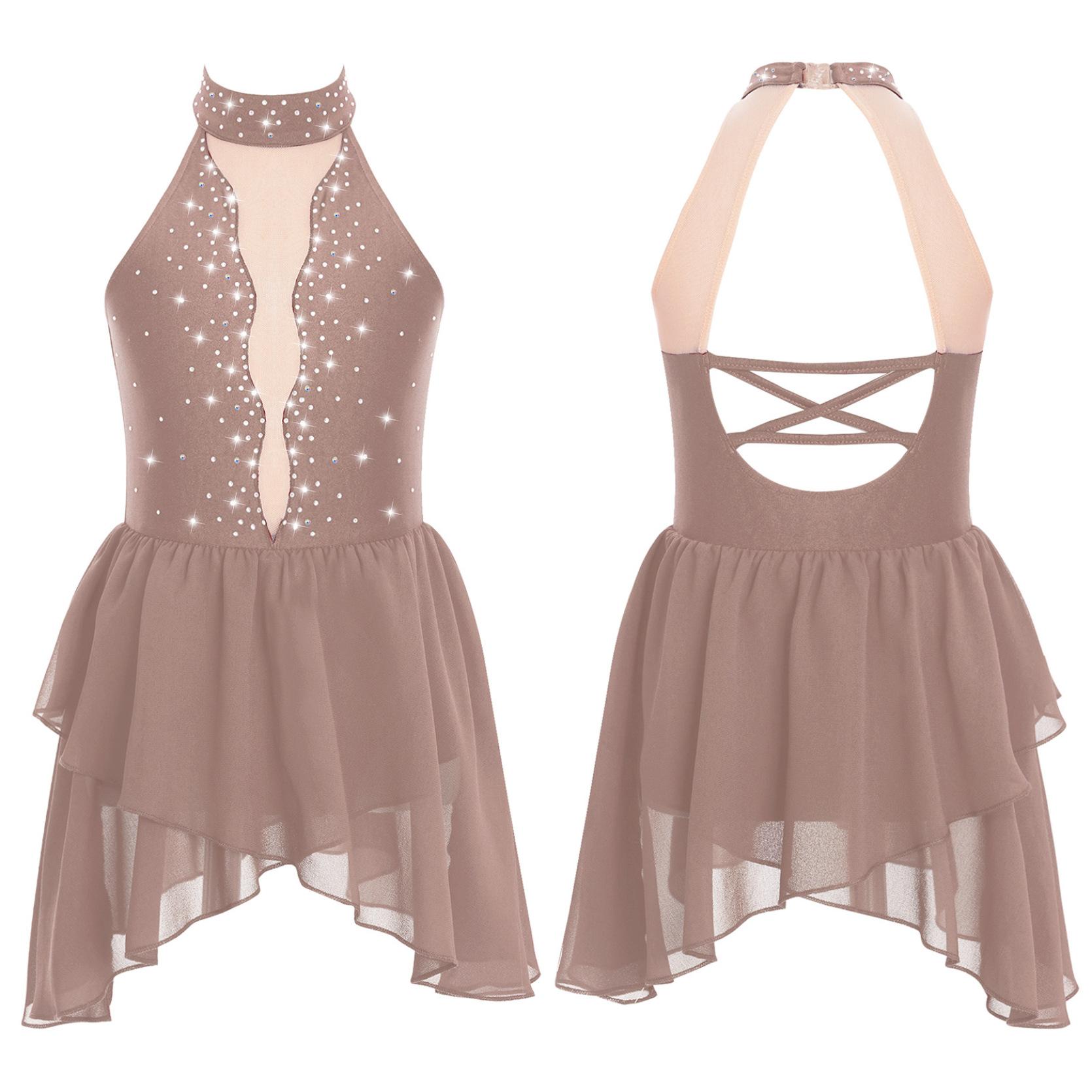 

Детское балетное платье для лирических танцев для девочек, костюм для фигурного катания со стразами, прозрачный сетчатый гимнастический трико без рукавов, танцевальная одежда 11-12 Years розовый