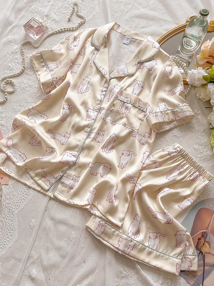 Women's Cartoon Cat Short Sleeve Mulberry Silk Pajama Set