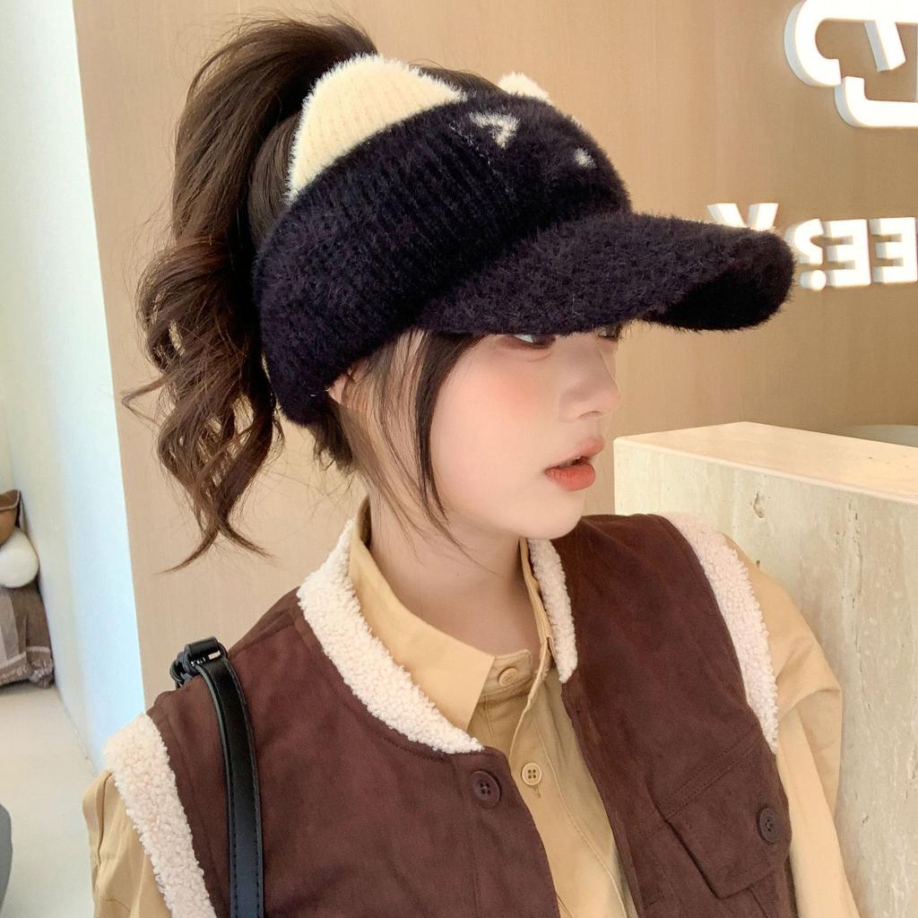 New Style Cycling Ear Protection Plus Velvet Warm Knitted Woolen Hat Versatile Empty Top Peaked Cap for Women In Autumn and Winter