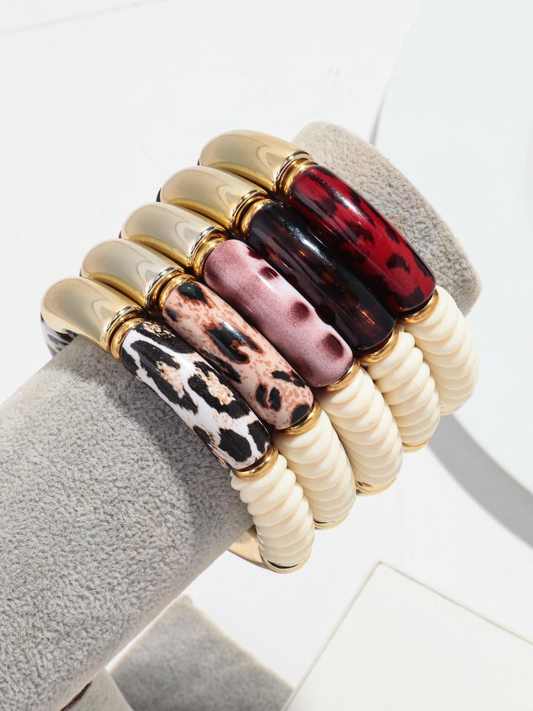 New Acrylic Bamboo Curved Tube Couple Bracelets for Women Men Leopard Resin Chunky Elbow Beads Elastic Bangle Stack Jewelry Gift