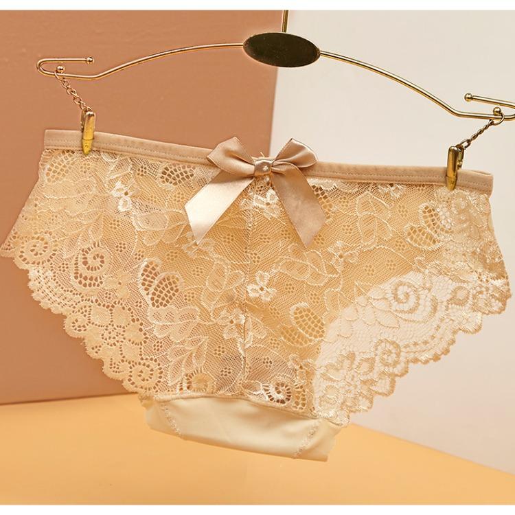 Women's Printed Ice Silk Underwear with No Trace Low Waist Bow Hollow Lace Triangle Pants