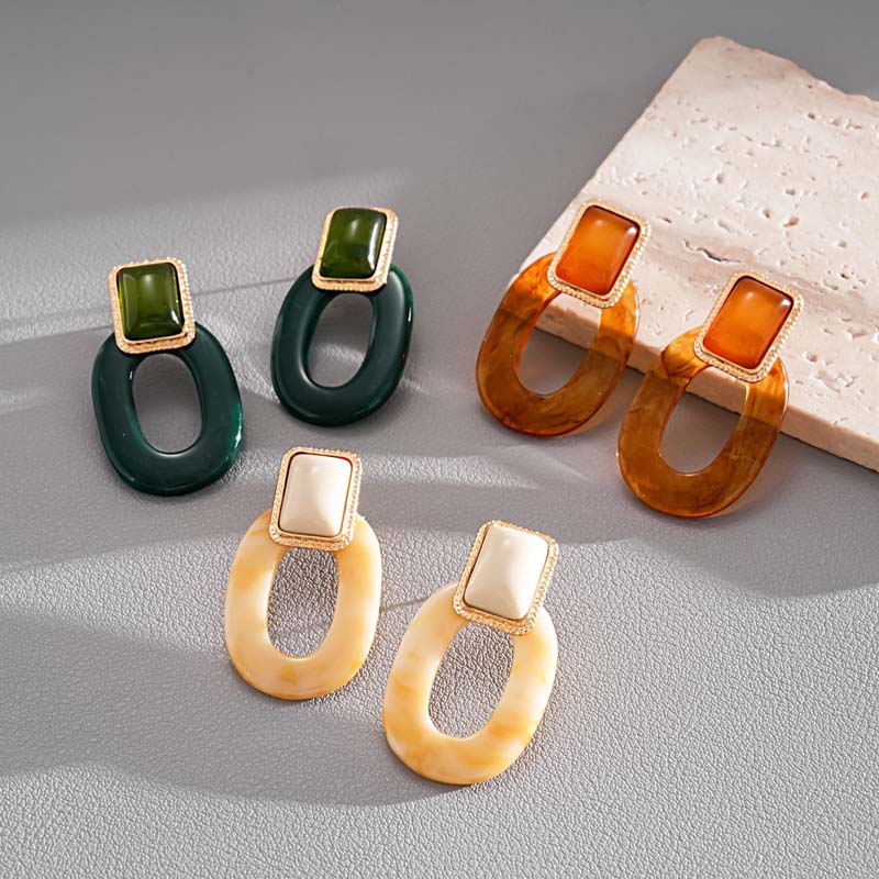 Vintage Resin Square Oval Pendant Earrings For Women Fashion Creative Coffee Color Geometric Temperament Earrings Jewelry