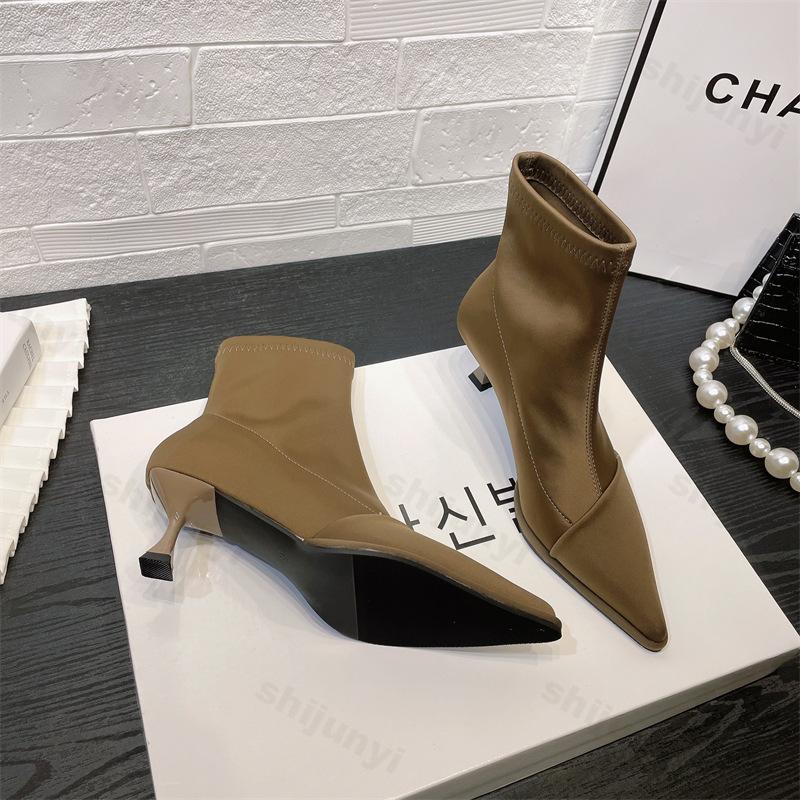 Fashion Fashion Elegant Ladies High Heels New Satin Pointed Toe Short Boots 2025 Autumn Women Thin Heel Stretch Sock Boots Female Shoes