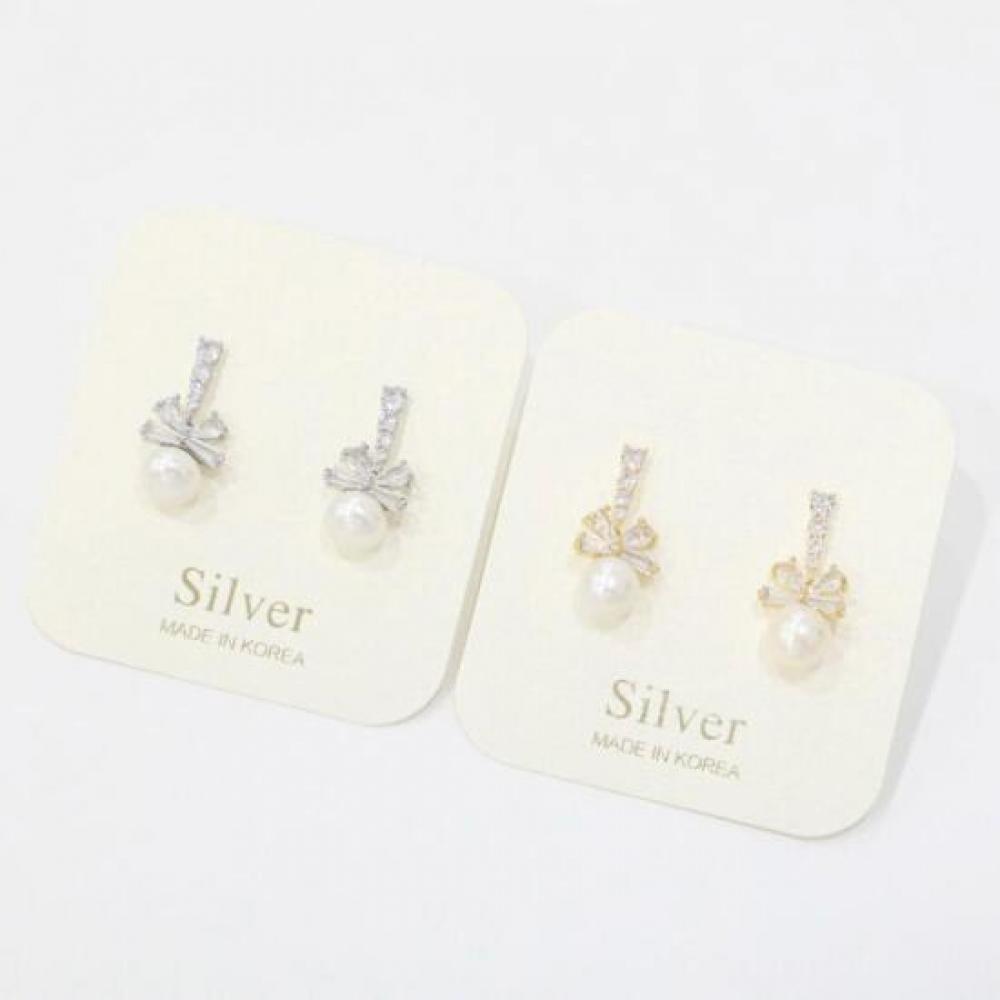 New Arrivals Open Run Pearl Earrings Ribbon Cubic Silver Needle Earrings