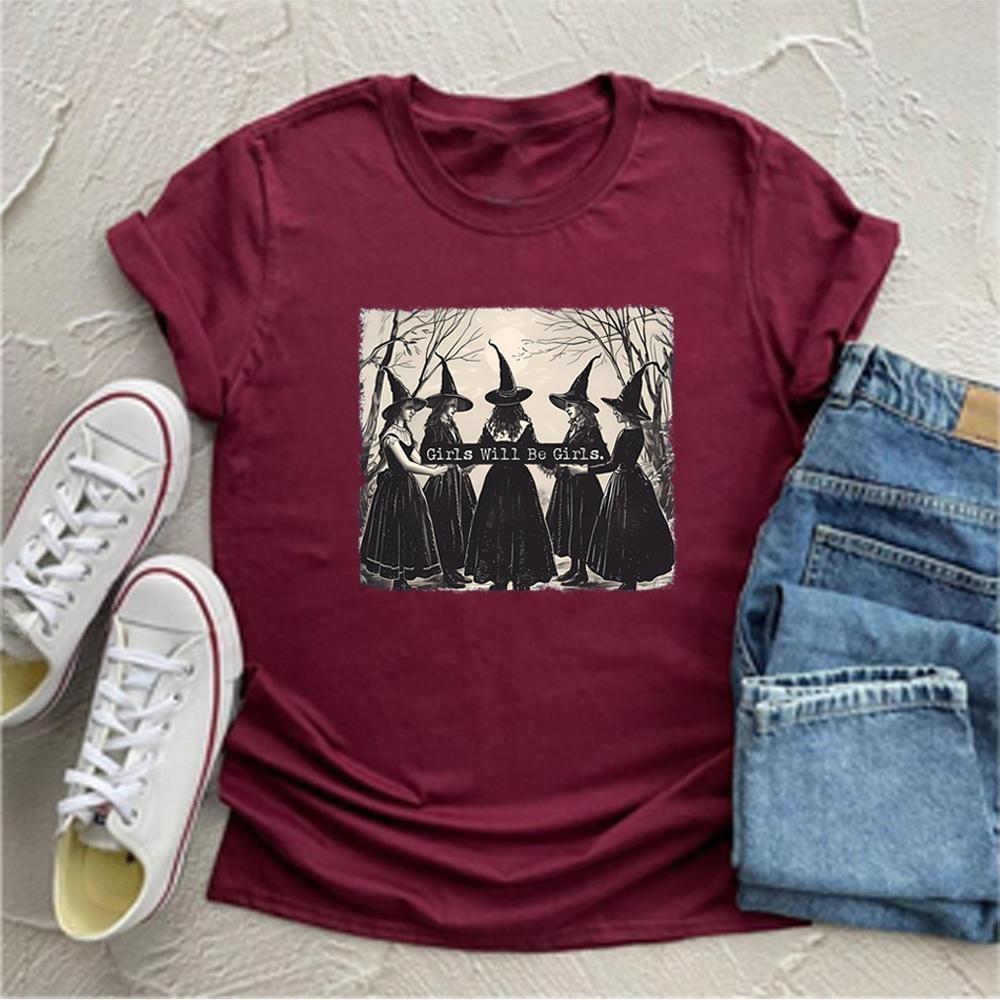 Vintage Girls Will Be Girls Witch Shirt Funny Witch Shirts Tees Halloween Women Clothes Witchy Vibes Graphic T Shirts