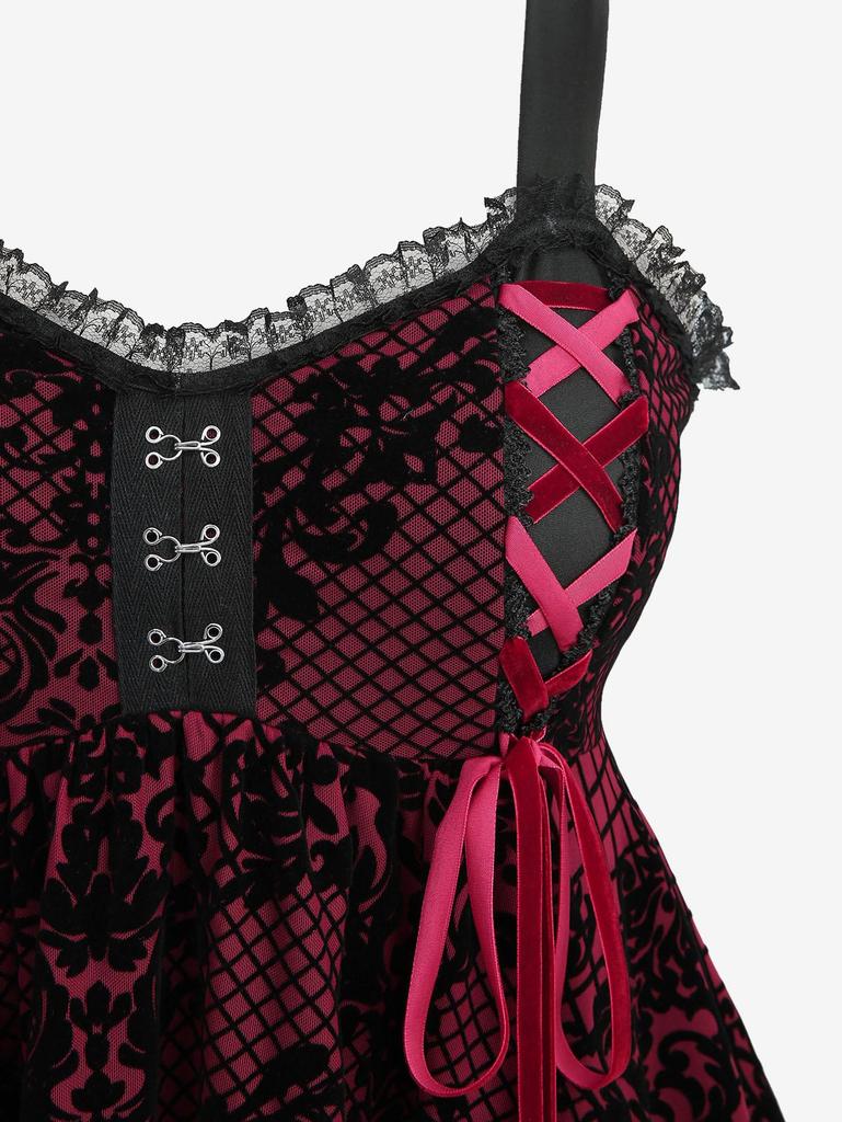 Rosegal Plus Size Plaid Floral Flocking Lace-up Asymmetrical Lace Trim Tank Top