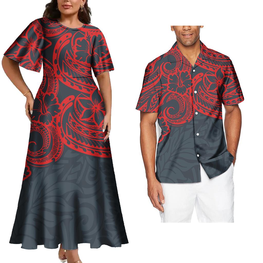 Tenues Assorties pour Couple Ensemble Deux Pièces Femme Robes de Soirée Assorties Chemises Homme Tenues de Couple Tribales Polynésiennes Samoa Personnalisées