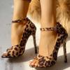 2026 Summer Leopard Print Sandals For Women Sexy Stiletto High Heels Open Toe Ankle Buckle Shoes Ladies Sandales Femme