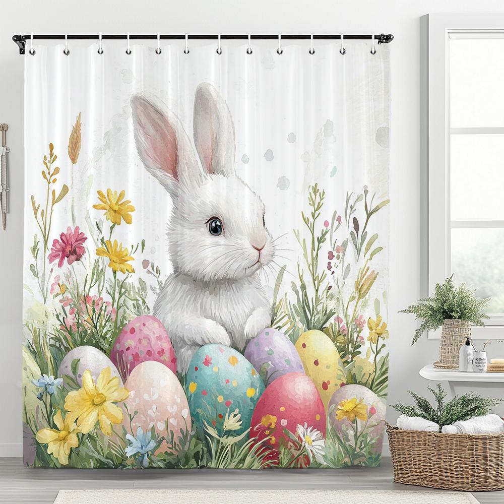 

Easter Bunny Shower Curtain, Rustic, Cute, Eggs, Flowers Bathroom Decorative Curtain, Printed Fabric Shower Curtain with Hooks 90x180cm-35x70in
