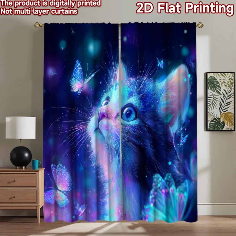 2D Flat Printing 2pcs Party Curtain Cosmic Cat Butterflies Stars Digital Printed Polyester Drapes All Season Party & Holiday