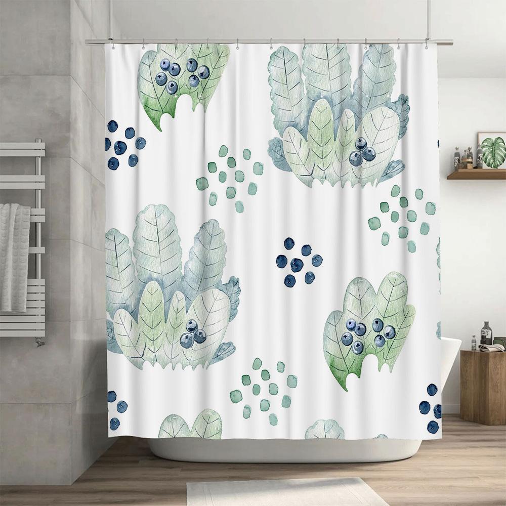 Handpainted Leaf Shower Curtain SetBlueberry Greenery Watercolor Decor for Bathroom White Bath Rug Mat Included (Green/Light Gre