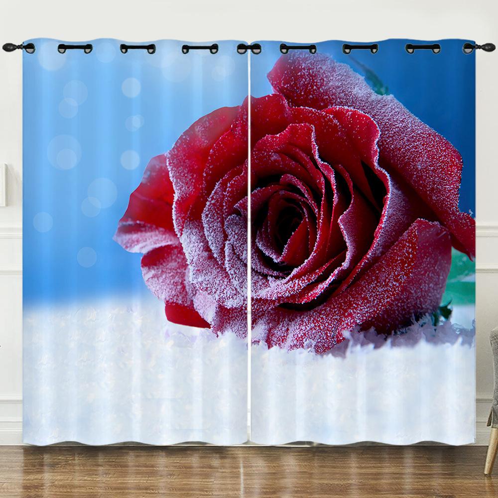 Curtains Flowers Roses Plants Flowers 3D Digital Printing Blackout Curtain Punching