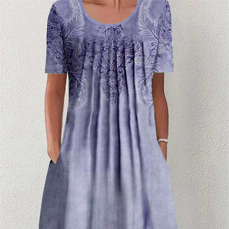 Spring and Summer Floral Print Crew Neck Pocket Women's Fashion Casual Crew Neck Trend Print Medium and Long Dress