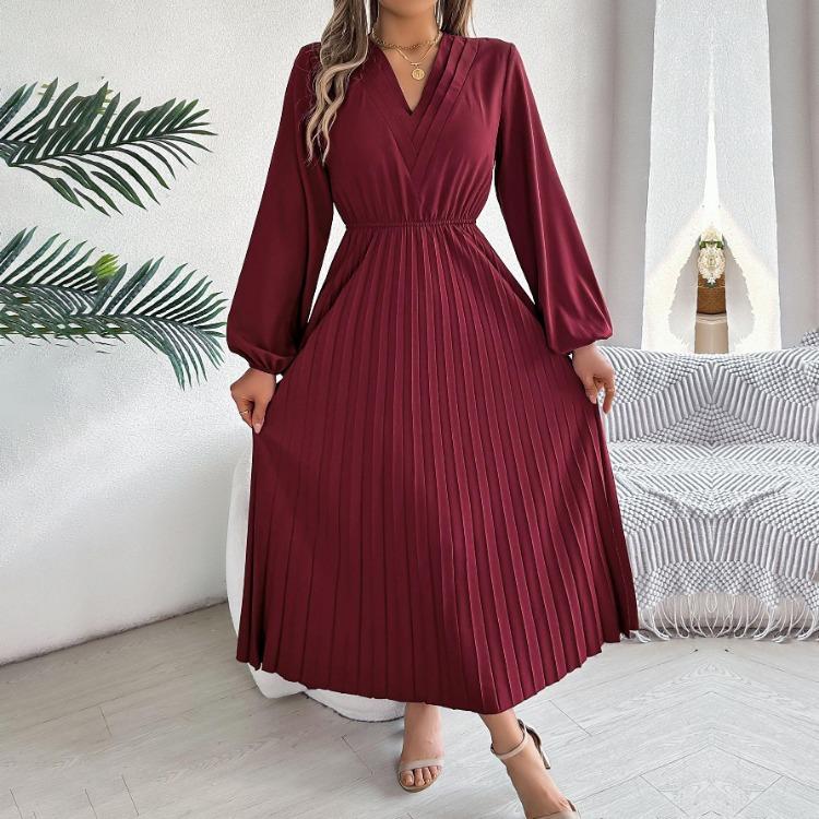 Abito Lungo da Donna a Maniche Lunghe Scollo a V Linea ad A Monocolore Pieghettato Vita Alta Primavera Estate