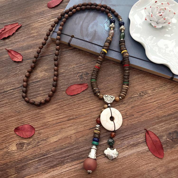 Colier lung etnic retro nepalez cu aripi de pui din lemn și margele Bodhi - Accesoriu de modă unisex