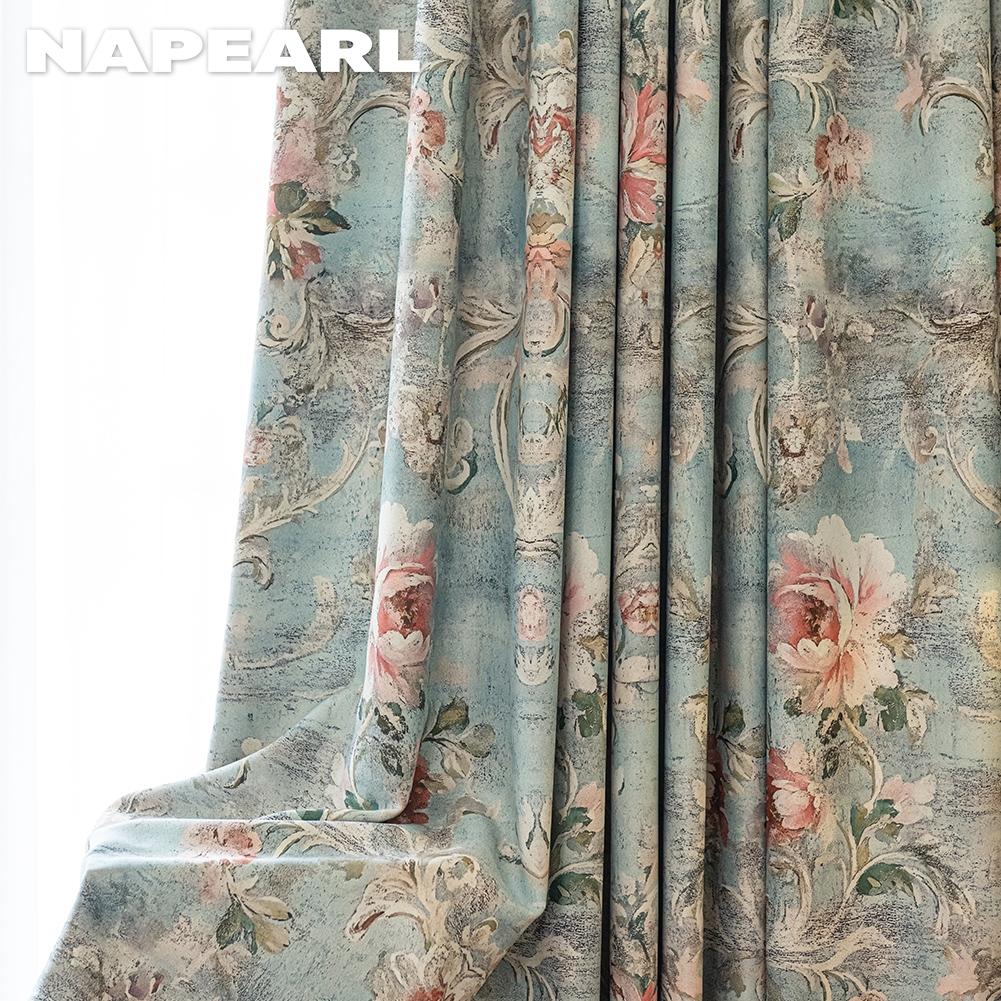 1 Stück NAPEARL Französischer Idyllischer Stil Verdunkelungsvorhänge Blauer Grund Pfingstrosenmuster Vorhänge Dicke Vorhänge für Schlafzimmer Wohnzimmer Fenster für Heimdekoration