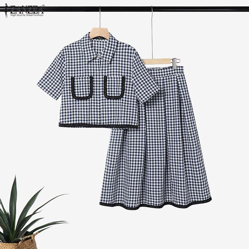 ZANZEA Women Short Sleeve Blouse and Long Skirts Plaid Print Two Piece Suit Sets