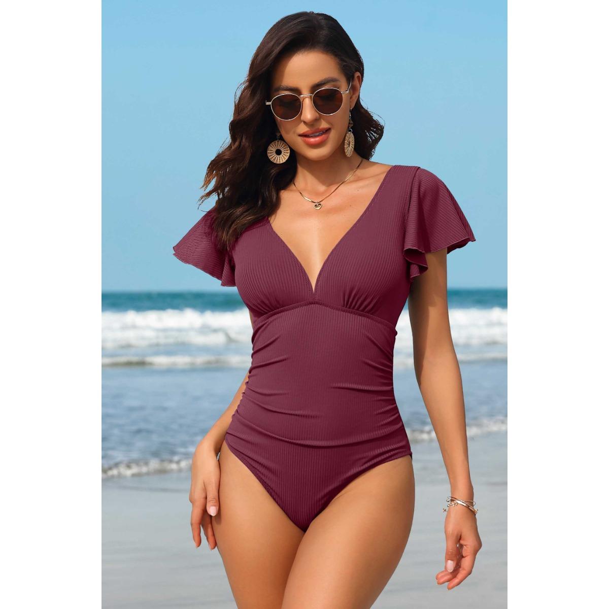 

Charmleaks сексуальный глубокий v-образный вырез однотонный волан с открытой спиной и коротким рукавом цельный купальник для женщин банный костюм Monkini XL красный