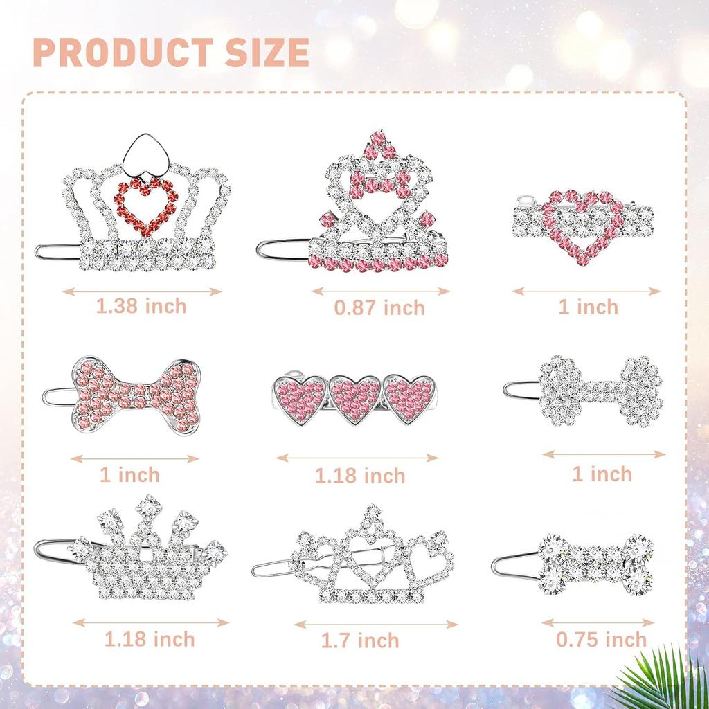 9 Pieces Dog Tiara Crown Hair Clips Pet Crystal Rhinestone Barrette Clips for Dog Puppy Ear Clear Doggie Crown Pet Grooming Hair Accessories for Pet
