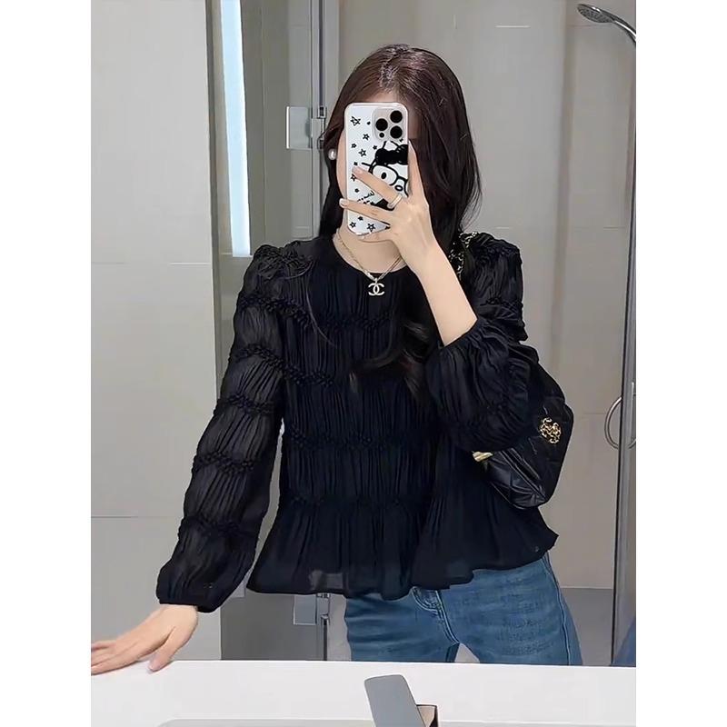 

Korean Style Pleated Texture Long Sleeve Blouse - Spring 2025 Slimming Fashion Top Extra Large чорний