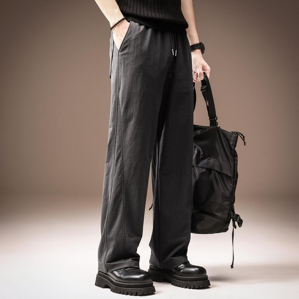 High-end Lyocell Tencel linen cool casual pants men's summer thin pleated trendy brand straight vertical trousers