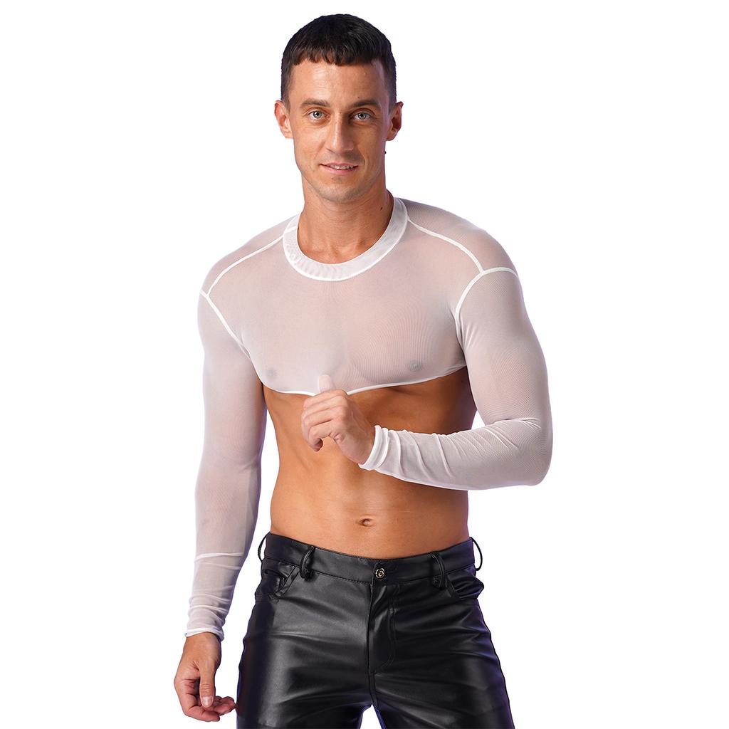 Mens See-Through Sheer Mesh Half Tank Tops Shirts Long Sleeve Body Chest Harness Crop Top Sexy Tanks Arm Sleeves Shrug Clubwear