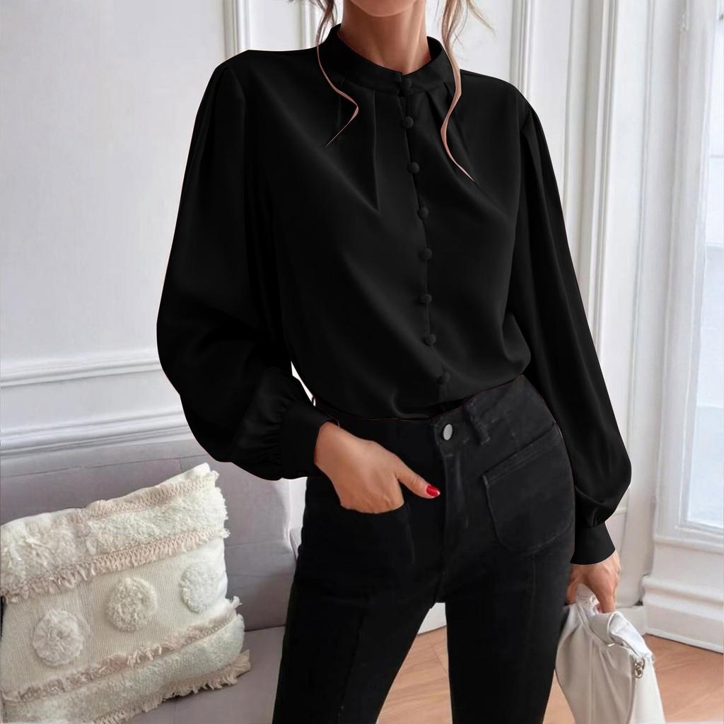 Ladies Elegant Solid Color Lapel Long Sleeve Single Breasted Loose Top
